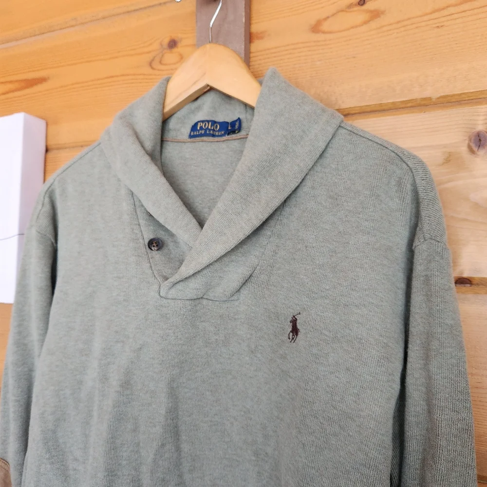 Polo Ralph Lauren Sweater Preppy Shawl Collar Elbow Patch L/S Pullover Knit Sz L